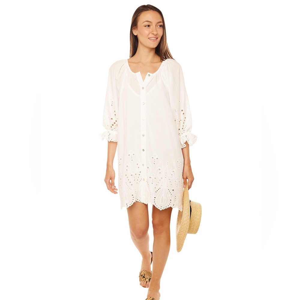 Natalie Martin White Eyelet Embroidered Dress Button Front‎ XS